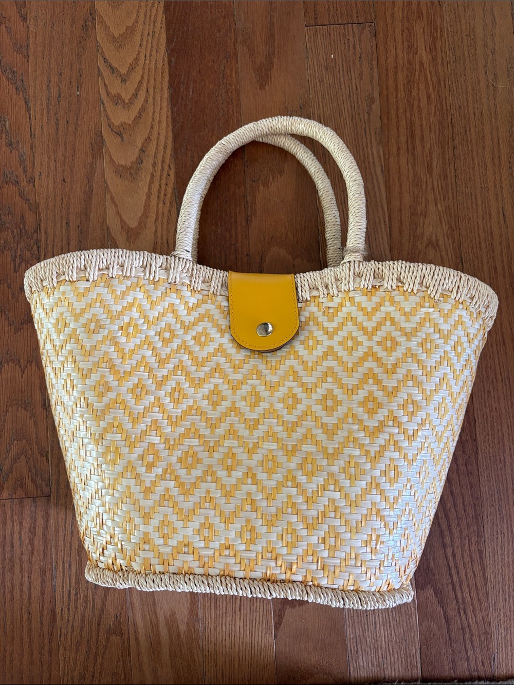 Yellow Woven Straw Tote Bag with Snap Closure